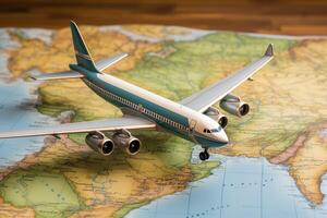 AI generated Air Transport. A model of a passenger plane stands on a world map on the table. Generated by artificial intelligence photo