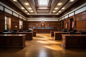 AI generated Image of an empty courtroom with wooden benches. Generated by artificial intelligence photo