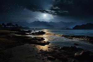 AI generated Night seascape. Seashore in the moonlight. Generated by artificial intelligence photo