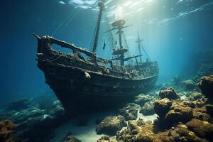 AI generated Old ship at the bottom of the sea. Generated by artificial intelligence photo