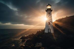 AI generated Lighthouse on the island in the bright rays of sunset or dawn. Generated by artificial intelligence photo