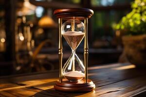 AI generated Elegant hourglass on a wooden surface with golden bokeh background. Generated by artificial intelligence photo