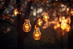 AI generated A garland of light bulbs on tree branches in the evening. Generated by artificial intelligence photo