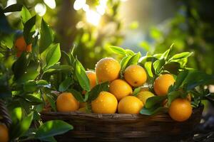 AI generated Harvest ripe oranges in a wicker basket on a wooden table with natural bokeh background. Citrus harvest. Generated by artificial intelligence photo