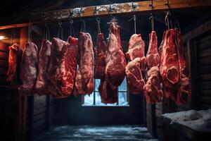 AI generated Pieces of fresh meat are suspended on a rope. Generated by artificial intelligence photo