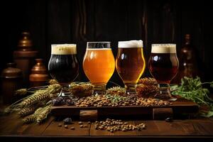 AI generated A set of four glasses of different types of beer on a wooden table with ears of wheat. Generated by artificial intelligence photo