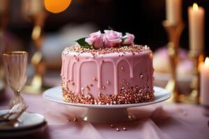 AI generated Festive pink cake decorated with gold and fresh flowers. Generated by artificial intelligence photo