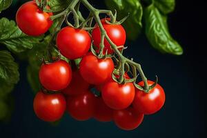 ai generado maduro rojo Cereza Tomates colgar en un rama en un negro antecedentes. generado por artificial inteligencia foto