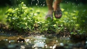 AI generated Green grass on a meadow with drops of water dew in the morning light in spring, summer outdoors. Generated by artificial intelligence photo