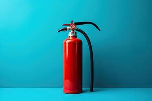 AI generated A red fire extinguisher stands on a blue background, space for text. Generated by artificial intelligence photo