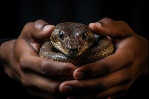 AI generated A snake in a bowl in the hands of a man. Generated by artificial intelligence photo