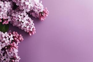 AI generated Spring background with a lilac branch on the left and space for text. Mother's Day, March 8, birthday. Generated by artificial intelligence photo