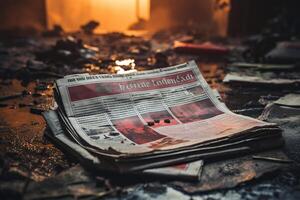 AI generated A newspaper lies on the floor during a fire. Breaking news concept. Generated by artificial intelligence photo