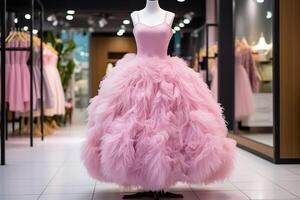 AI generated Elegant pink fluffy women's dress on a mannequin. Generated by artificial intelligence photo