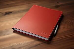 AI generated Closed red notebook on a wooden table. Generated by artificial intelligence photo