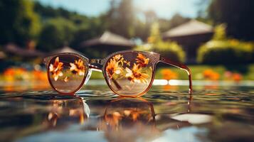 AI generated Sunglasses on a blurred summer background with golden bokeh. Summer background. Generated by artificial intelligence photo