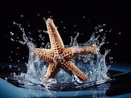 AI generated Starfish in splashes of water isolated on a black background. Generated by artificial intelligence photo