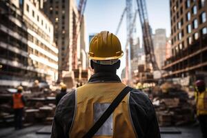 ai generado un de piel oscura construcción trabajador en mono mira a el construcción sitio. posterior vista. generado por artificial inteligencia foto