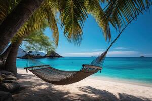 AI generated An empty hammock between palm trees against the backdrop of the sea and the beach. Holiday and vacation concept. Generated by artificial intelligence photo