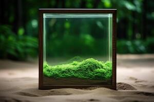 AI generated Green moss in a glass cube on the sand. Climate and ecology concept. Generative AI photo