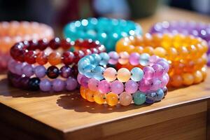 AI generated Stack of bracelets made of beads on a wooden table. Generated by artificial intelligence photo