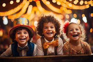 ai generado contento niños sonriente en un diversión parque con carruseles en el antecedentes. generado por artificial inteligencia foto