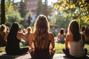 AI generated Rear view of women doing yoga in a park on the grass. Generated by artificial intelligence photo