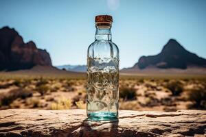 AI generated Glass bottle with water in the desert on a stone. Generative AI photo