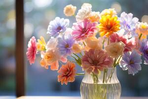 AI generated A beautiful bouquet of simple flowers in a glass vase. Generated by artificial intelligence photo