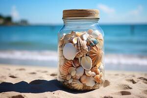 AI generated Glass jar with beautiful shells in the sand on the beach. Summer vacation, travel background. Generated by artificial intelligence photo