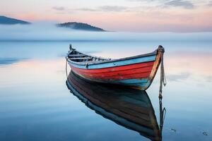 ai generado antiguo de madera barco en calma agua en el niebla. reflexión de un barco en el agua. generado por artificial inteligencia foto