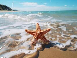 ai generado estrella de mar en el playa en el rociar de mar ondas. generado por artificial inteligencia foto