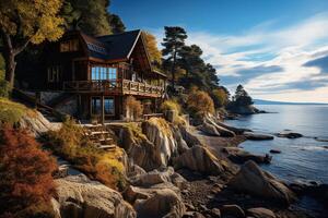 AI generated Vintage luxury wooden villa on a rocky seashore. Luxury vacation concept. photo