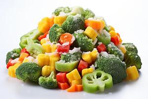 AI generated A pile of frozen vegetables lies on a white background. Generated by artificial intelligence photo