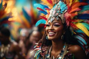 ai generado un bailarín sonrisas en un disfraz con brillante plumas a un carnaval. generado por artificial inteligencia foto