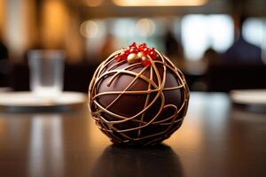 AI generated Chocolate dessert in the form of a sphere with gold decoration on a wooden stand. Generated by artificial intelligence photo