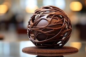 ai generado chocolate postre en el formar de un esfera en un de madera mesa con un dorado bokeh antecedentes. generado por artificial inteligencia foto