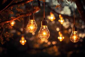 AI generated A garland of light bulbs on tree branches in the evening. Generated by artificial intelligence photo