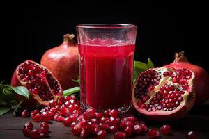 AI generated A glass of pomegranate juice with pomegranate berries scattered nearby. Generated by artificial intelligence photo