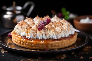 AI generated Caramel tart with burnt meringue on top on a dark background. Restaurant food concept. Generated by artificial intelligence photo