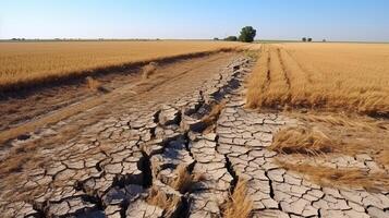 AI generated Dry cracked soil in a wheat field. Changing of the climate. Generated by artificial intelligence photo