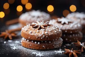 AI generated Homemade ginger cookies with star anise and powdered sugar. Generated by artificial intelligence photo