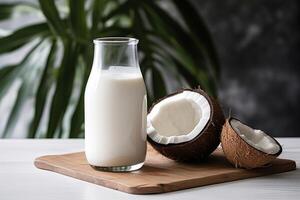 AI generated A bottle of coconut milk on a wooden tray with coconut halves nearby. Healthy nutrition concept. Generated by artificial intelligence photo