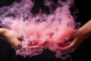 AI generated Two female hands connect in puffs of pink smoke on a black background. Generated by artificial intelligence photo