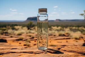 AI generated Glass bottle with water in the desert on a stone. Generative AI photo