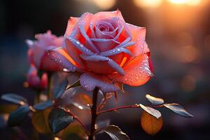 AI generated A beautiful rose with large drops of water on the petals in dramatic lighting. Generated by artificial intelligence photo