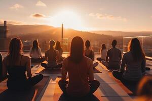 AI generated Group yoga class on the roof of a building in the sun. Generated by artificial intelligence photo
