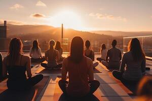 AI generated Group yoga class on the roof of a building in the sun. Generated by artificial intelligence photo