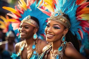 ai generado un bailarín sonrisas en un disfraz con brillante plumas a un carnaval. generado por artificial inteligencia foto