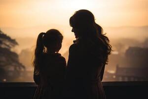 AI generated Silhouette of mother and daughter hugging each other in the sunset light. Generated by artificial intelligence photo